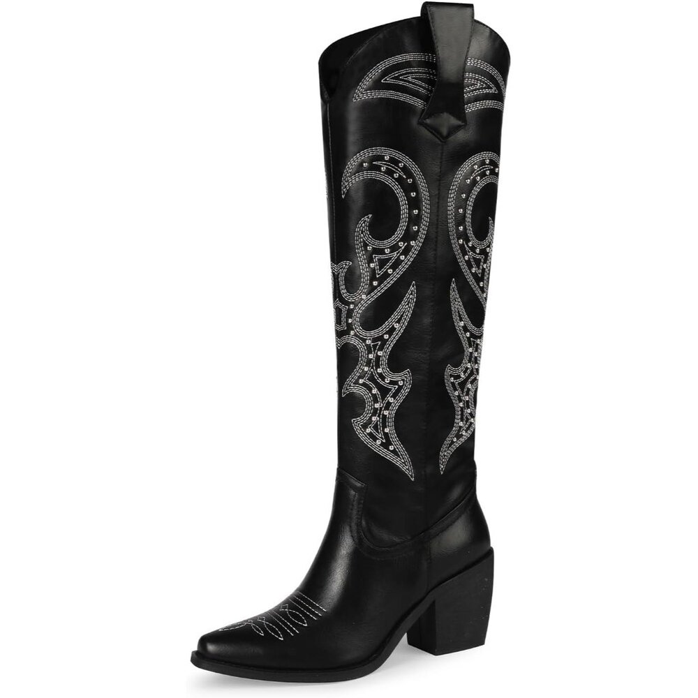 Women's Black Knee High Cowgirl Boots Zipper Convenience Comfort Fashion Casual